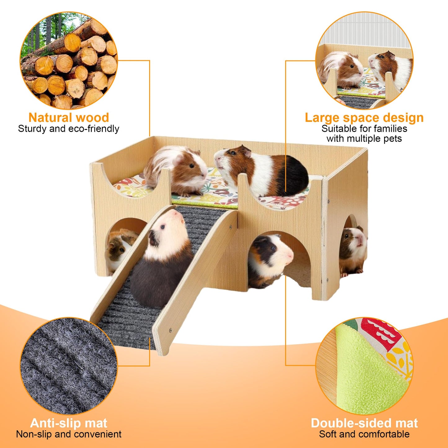 Guinea Pig Castle Hideout, Wooden Small Animal House with Stairs, Habitat Hut for Hamsters, Chinchillas, Bunny (Small)