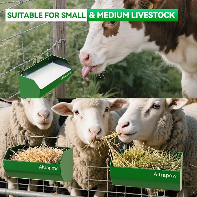 4.5 Quart Hanging Goat Feeder [Material of Metal] with Clips and Nylon Tie Wraps, Fence Feeder [Sturdy and Durable] for Goat, Pig and Dog, Green, 2 Pack
