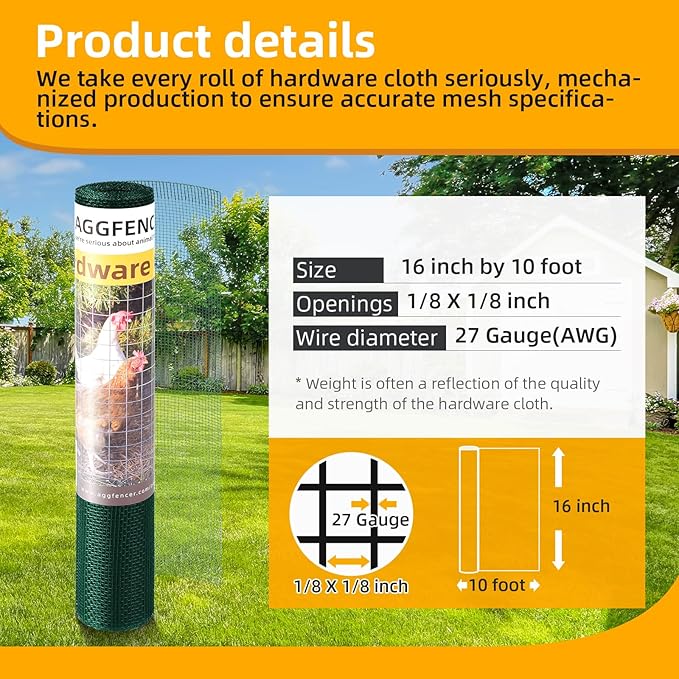 16in x 10ft Green Hardware Cloth 1/8 inch 27Ga PVC Coated Wire Mesh Vinyl Coated Galvanized Wire Mesh Screen Roll, Welded Metal Chicken Wire Fencing, for Garden Plant Fencing Bee Screen
