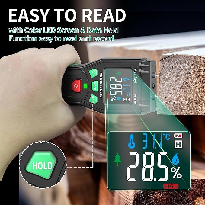 Wood Moisture Meter, Firewood Moisture Tester, Drywall Moisture Detector, Pin Type Water Leak Detector with Visual Alerts for Lumber Logs Concrete Floors Ceiling Building Material Hardwood