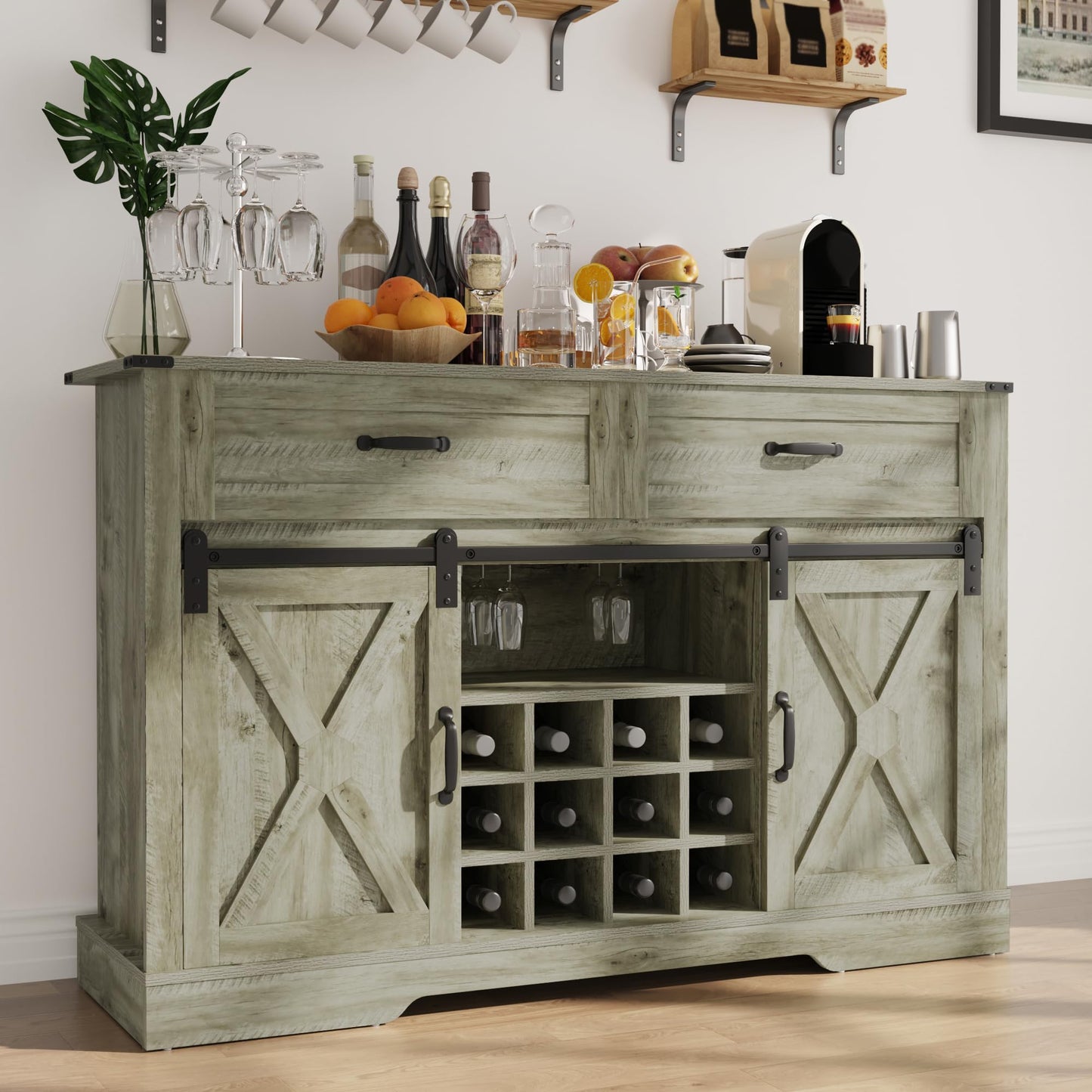 RoyalCraft Farmhouse Buffet Cabinet with Storage, 52'' Wine Bar Cabinet with Sliding Barn Door, Liquor Coffee Bar Cabinet and Sideboard for Kitchen, Dining Room, Light Grey