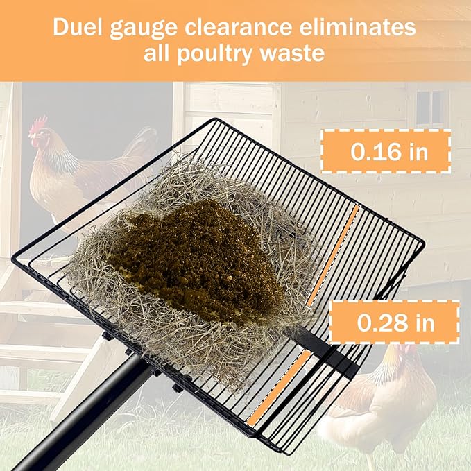 15inch Large Chicken Poop Scooper for Sand with Ergonomic Grip,Chicken Coop Accessories with 37" to 75" Adjustable Stainless Steel Handle - Heavy Duty Sifting Coop Scoop