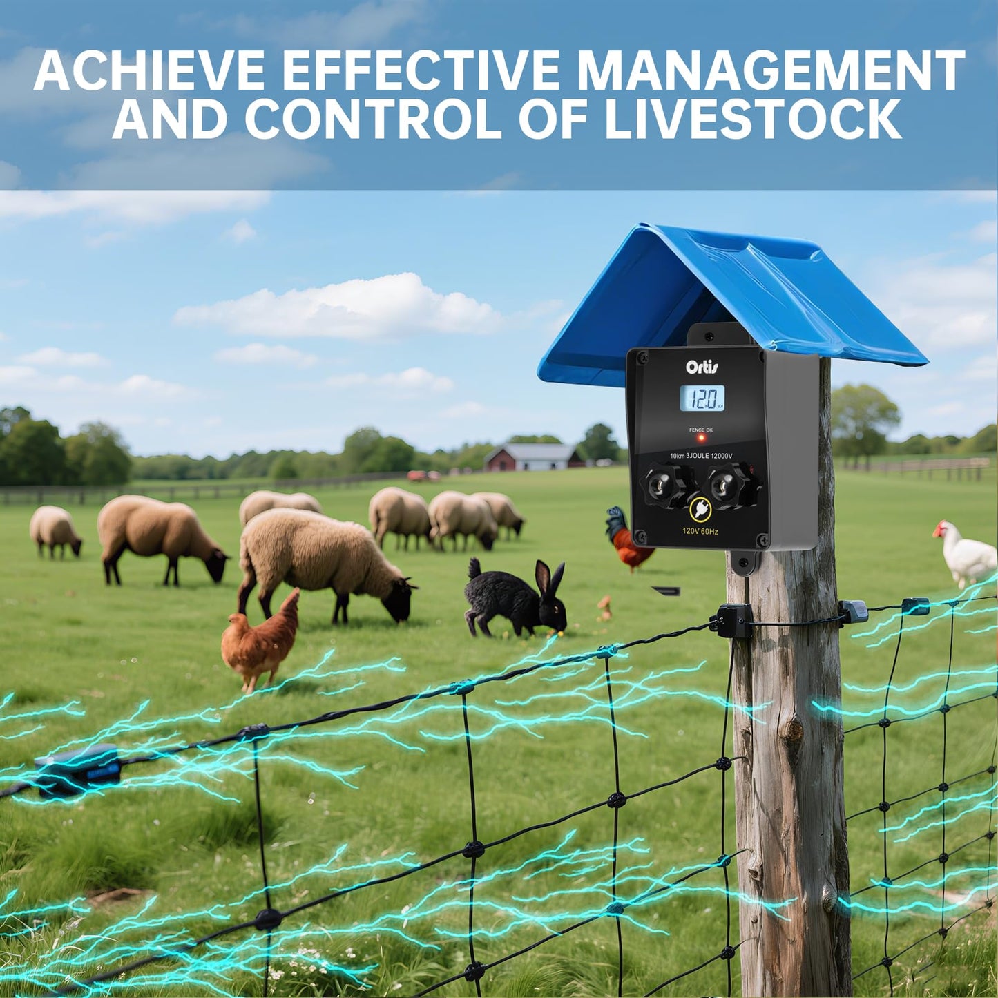 Electric Fence Energizer with LCD Display, Ortis 12,000V 3 Joules Electric Fence Charger, 6.2 Mile Range, Safe & Effective Animal Control for Livestock, Garden & Pasture Protection