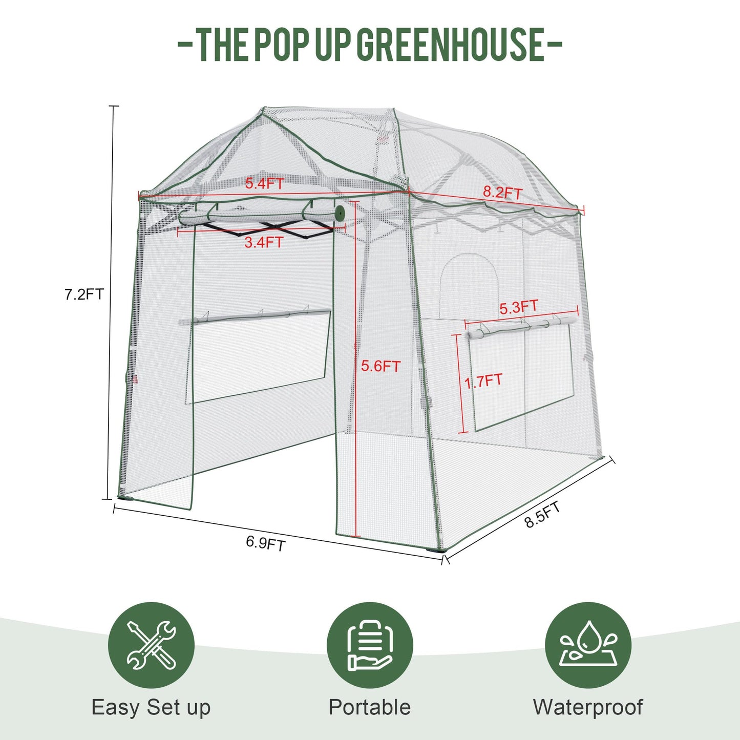 Yardsight 8.5 x 7 FT Walk-in Greenhouse, Portable Pop-up Green House 3 Adjustable Hights Heavy Duty Plant Gardening Canopy with Durable PE Cover for Indoor Outdoor (Clear and White)