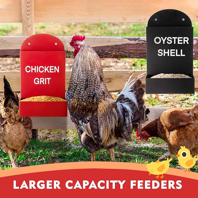 Leinuosen 4 Pack Metal Chicken Oyster Shell and Grit Feeder Combo Large Capacity Hanging Chicken Feeder Trough Automatic Gravity Poultry Coop Accessories Water Dispenser for Chicks, Ducks, Quail