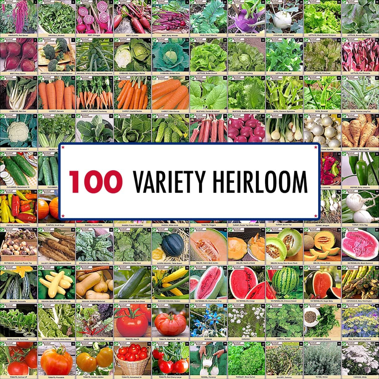 Garden Heirloom Seed Vault, 100 Variety, Over 17,500 Vegetable, Fruit, and Herbs Seeds, Non-GMO, Non-Hybrid, Plus Free Microgreens Kit