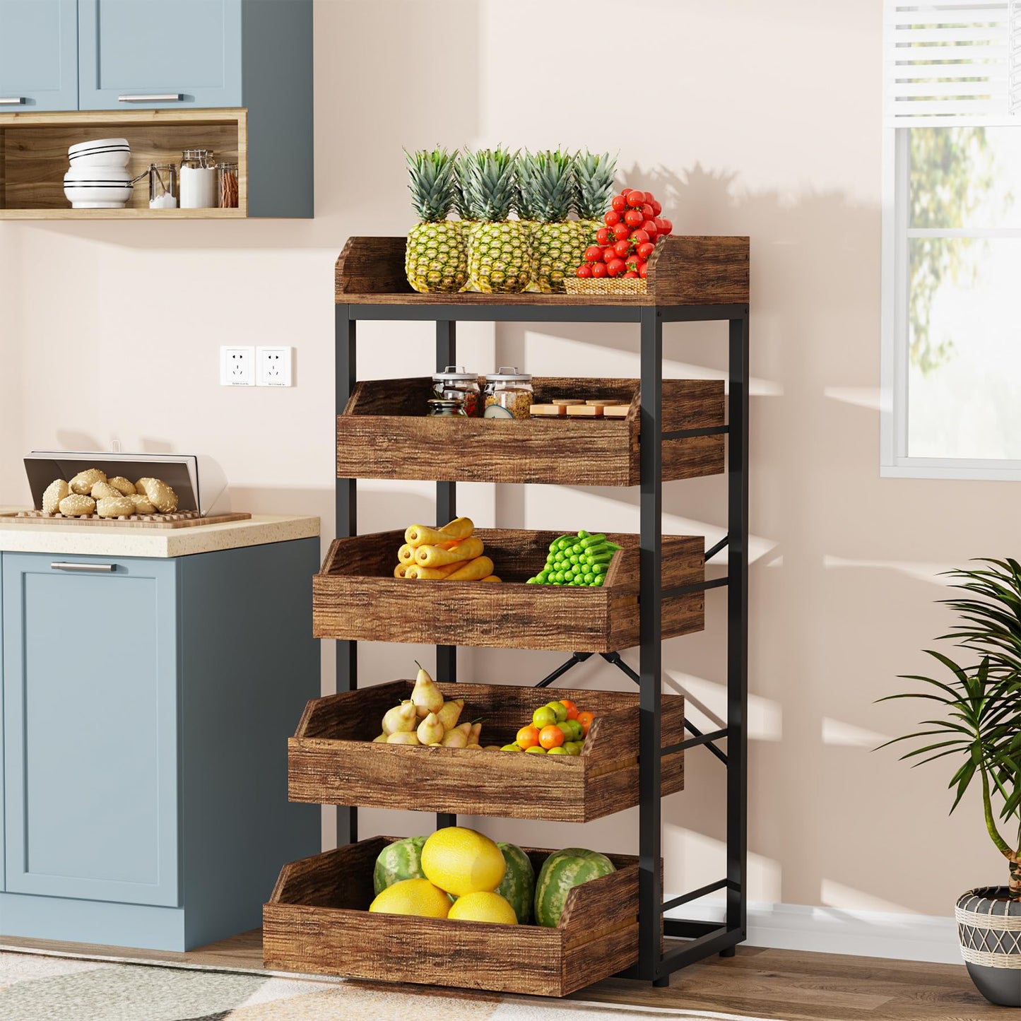 LITTLE TREE 5-Tier Wood Fruit Vegetable Storage Basket Stand, Pull-Out Snack Stand Fruit Basket Stand, Utility Shelf Organizer for Kitchen, Living Room, Bedroom, Rustic Brown