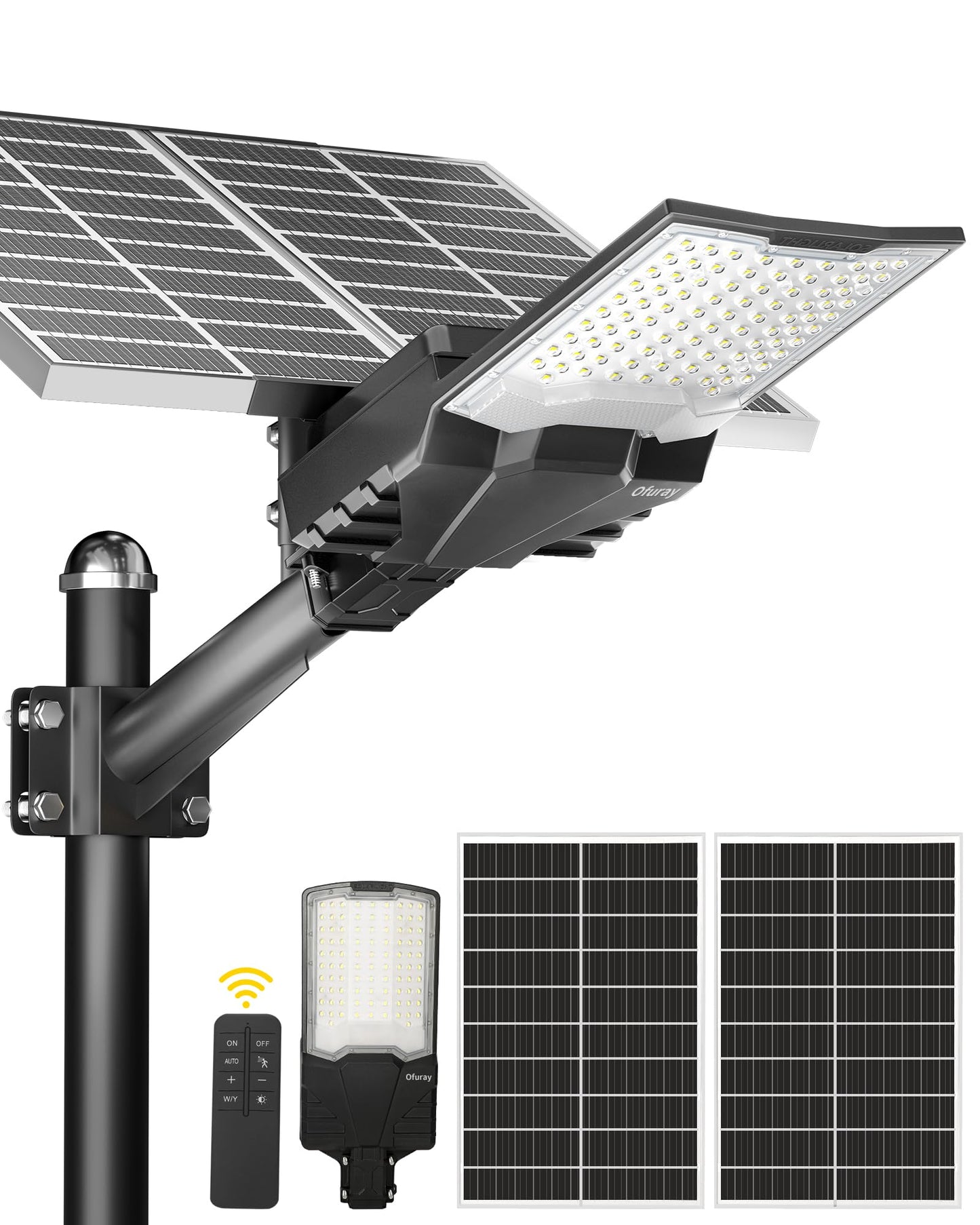 Ofuray Solar Street Lights Outdoor,OHF-Plus 40,000Mah High Power Solar Security Flood Lights Parking Lot Lights Commercial Dusk to Dawn,IP67 6500k Led with Remote for Street,Court,Barn