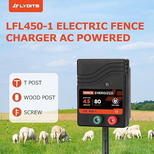 Electric Fence Charger AC Powered 80 Miles 250 Acres, 110 Volt 4.5 Joule Plug-in Electric Fence Energizer, Output Voltage Max 10 kV for Livestock, Preventing Predators from Intruding