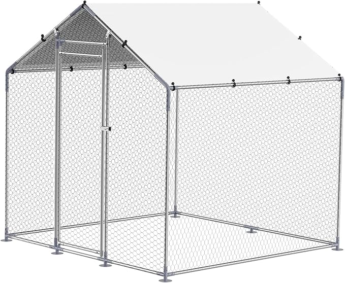 VEVOR Metal Chicken Coop, 6.56x6.56x6.56ft Walk in Chicken Runs for Yards with Cover, Spire Roof Hen House Enclosure with Security Lock, Outdoor Duck Rabbit Poultry Cage Pen for Backyard, Farm, Yard