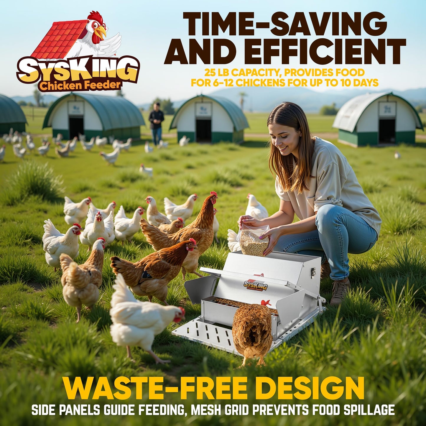 SYSKING Automatic Chicken Feeder - Chicken Feeders No Waste, 25 LB Large Metal Treadle Rat Proof Poultry Feeder for 6-12 Chickens for 10 Days, Weatherproof Lid, Galvanized Steel