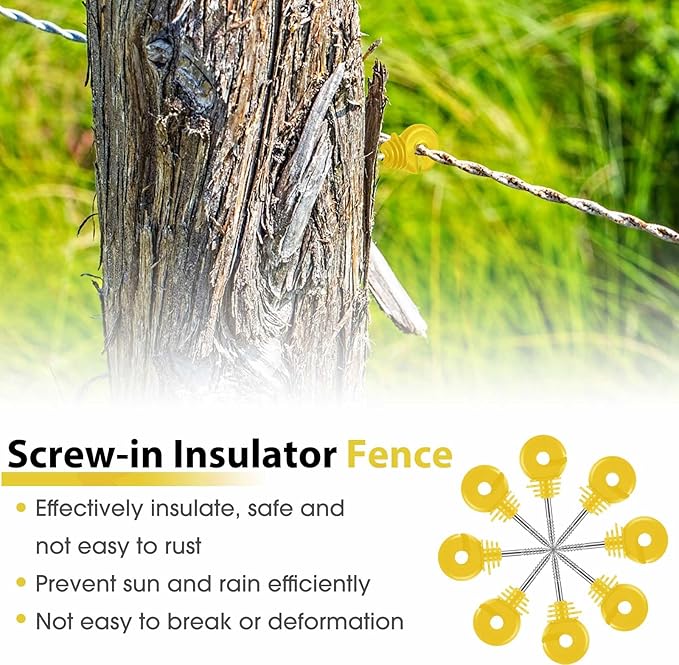 Sweetude 200 Pcs Electric Fence Insulator with 1 Pcs Insulator Socket Tool Screw in Ring Post Wood Post Electric Fence Ring with Socket Tool for Animal (Yellow)