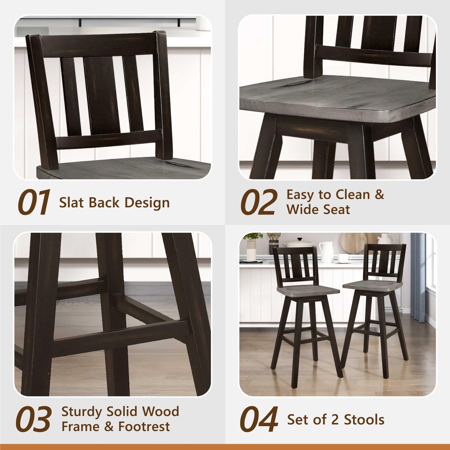 Bar Height Bar Stools Set of 2 - Solid Wood High Back 360° Swivel Wood Stool Pub Height, Foot Rest, Slat Back, Wide Seat, Distressed Farmhouse Easy to Clean Finish, 29 Inch Seat Height Chair Black