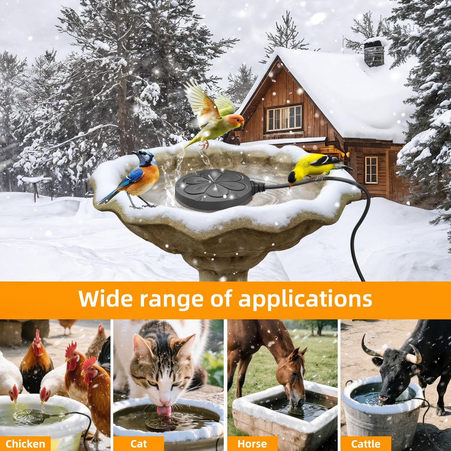 kapwall 110W Bird Bath Heater for Outdoors in Winter–Cast Aluminum Submersible Pond Deicer,Thermostatic Chicken Water Heater,Power Cord 4.92 Ft/1.5M(Black)