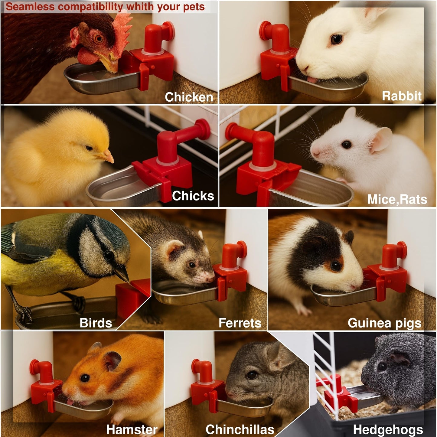 Heavy Duty 4 Packs Large Auto Metal Chicken Waterer Cups Poultry for Pets Small Animals Chicks Rabbits Mice Rats Ferrets Turkey Hedgehogs Hamsters Chinchillas Guinea Pigs