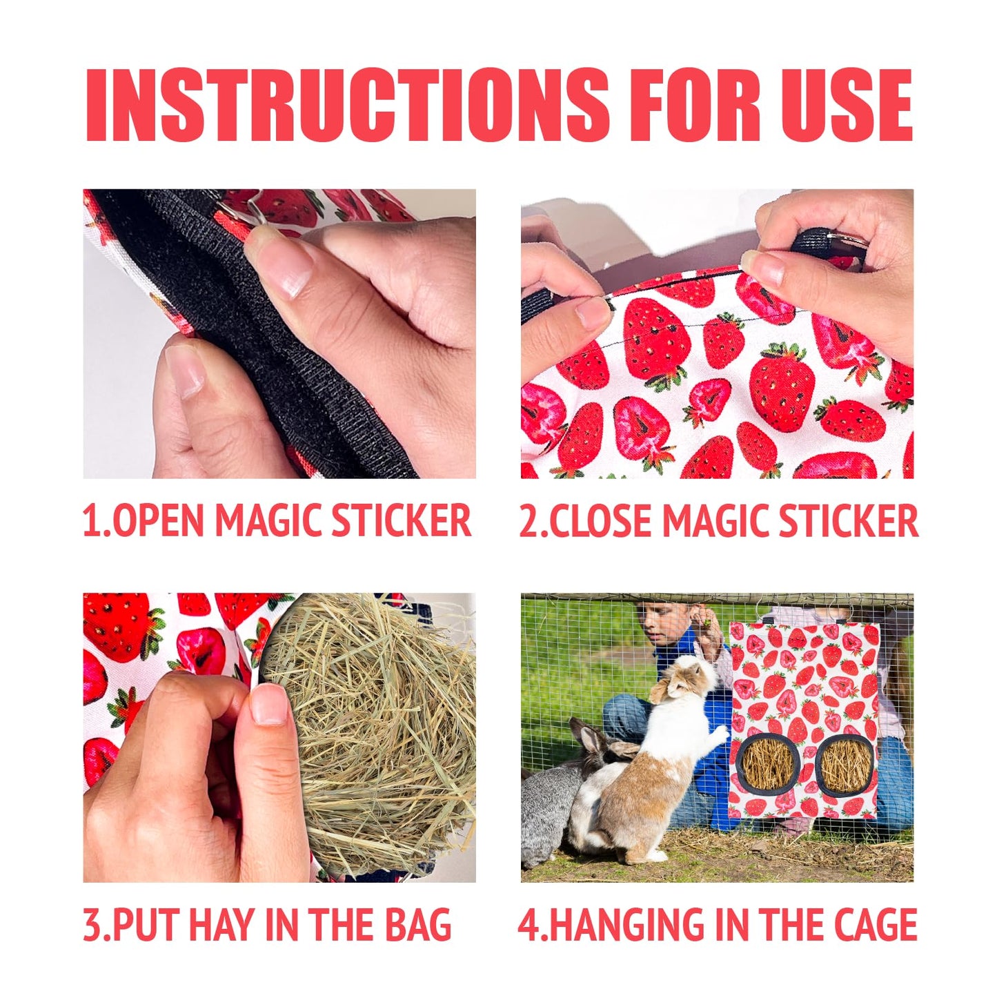 3Pcs Rabbit Hay Feeder Bags,Hanging Guinea Pig Hay Bags,Washable Bunny Hay Bags with 2 Holes for Rabbits Chinchillas Hamsters and Other Small Pets