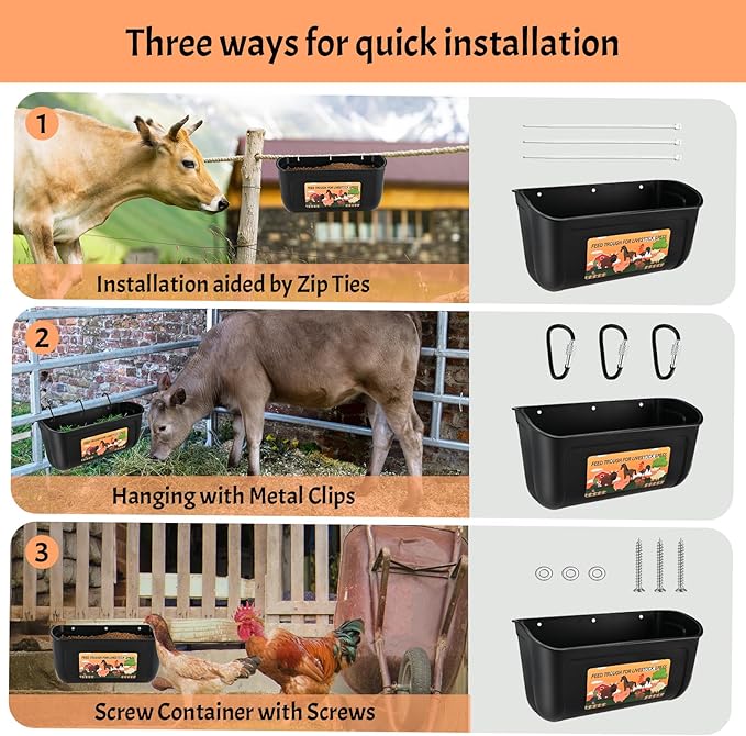 Hanging Chicken Feeder with Clips, 3 Pack Chicken Feeder & Waterer 4 Quart, Fence Duck Goose Goat Pig Feeder, Poultry Feeding Container, Water Trough for Livestock, Plastic Feeder Trough Bucket