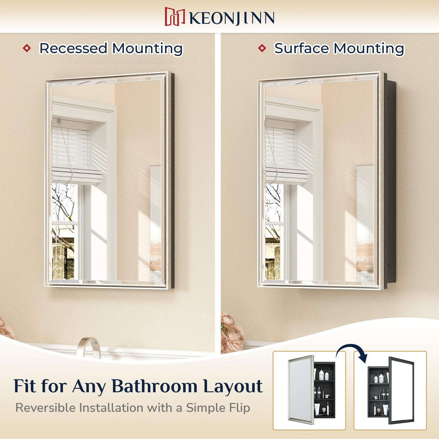 Keonjinn 40" x 30" Medicine Cabinets with Mirror for Bathroom, Brushed Nickel Recessed or Surface Wall-Mounted Aluminum Alloy Framed Beveled Mirror, Farmhouse Bathroom Mirror with Storage Cabinet