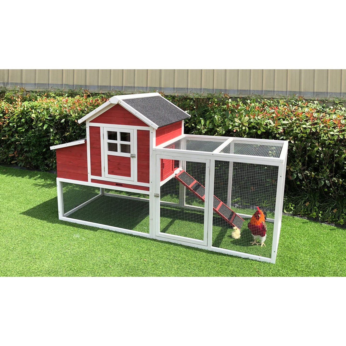 Hanover Outdoor Elevated Wooden Chicken Coop with Ramp, Nesting Box, Large Wire Mesh Run, Waterproof Roof, Removable Tray, Ventilated Fir Wood Chicken Run, Perfect for Backyard, Patio, or Lawn