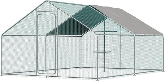 Chicken Coop Large Metal Chicken Run, Outdoor Walk-in Poultry Spire Roof Cage with Chicken Perch for Hen House, Duck Coop and Rabbit Run, Silver (9' L x 13.1' W x 6.56' H)