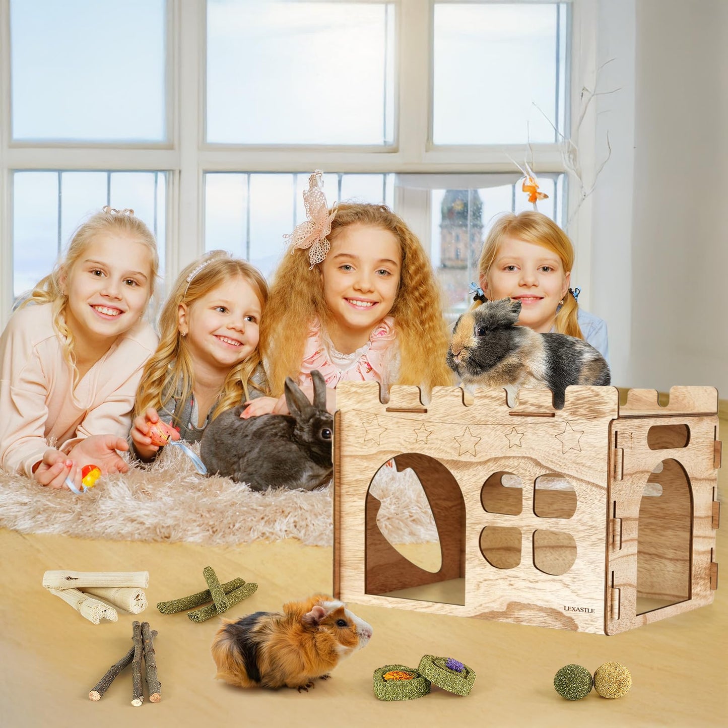 LEXASTLE Larger Bunny Castle Sturdy Walnut Color Wooden Rabbit Hideout for Bunnies Guniea Pigs Ferrets Chinchillas Hamsters