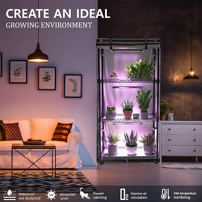 Indoor Greenhouse with Clear Cover – 4-Tier Portable Plant Stand with 3 T8 Grow Lights, Timer, Thermometer, Ventilation, Seed Starter for Herbs, Seedlings, Flowers (35.8"x13.8"x62.8")