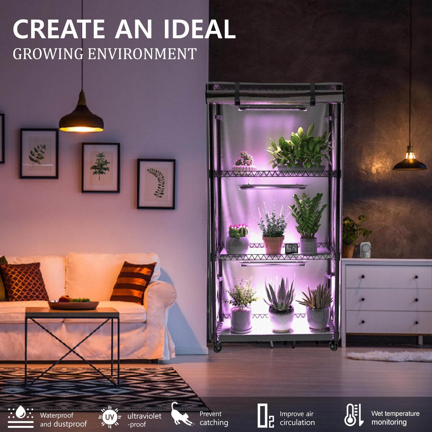 Zuwachs Indoor Greenhouse with Cover,4-Layer Plant Shelf with 3 Sets T8 Grow LightsTimer, Thermometer Ventilation Ideal for Seedlings, Flowers, Herbs (35.8" L x13.8 W x62.8 H)