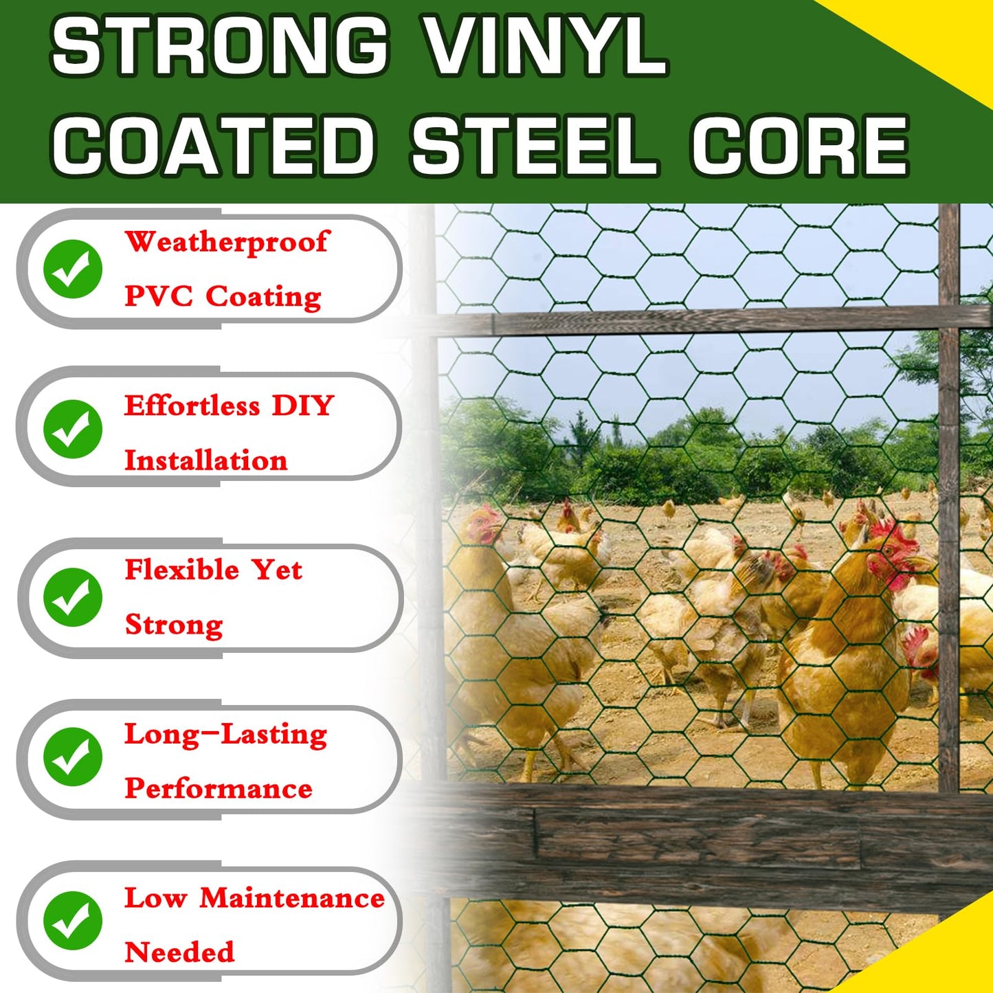 Yardbliss Chicken Wire36inx150ft, Premium Chicken Wire Fencing, Chicken Wire Mesh, Green PVC Coated Metal Wire Fence, Galvanized Poultry Netting Barrier for Floral Arrangements/Craft Projects//Rabbit
