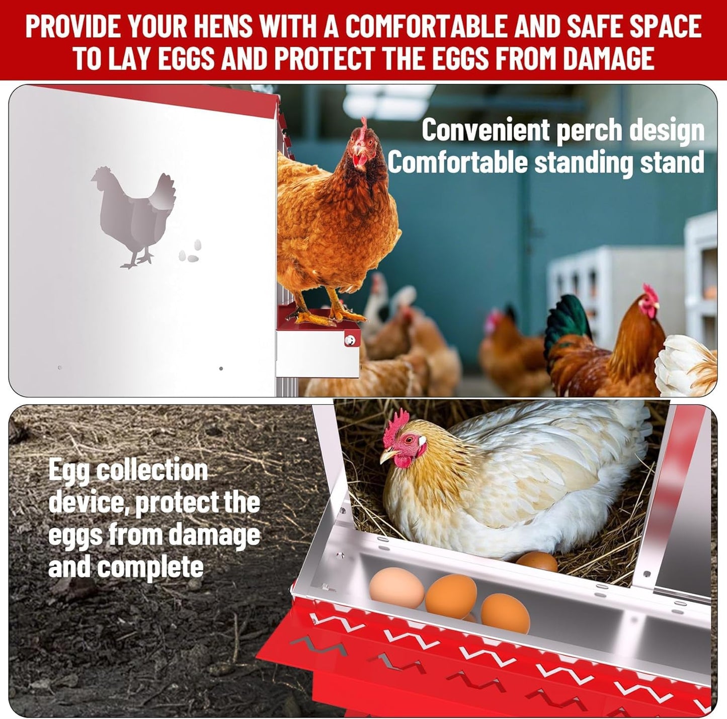 Chicken Nesting Boxes, 10-Hole Metal Nesting Box with Perch & Roll-Away Egg Design – Wall Mount or Freestanding Laying Box for Hens, Ducks, Quail (Heavy-Duty Galvanized Steel),Red. 1