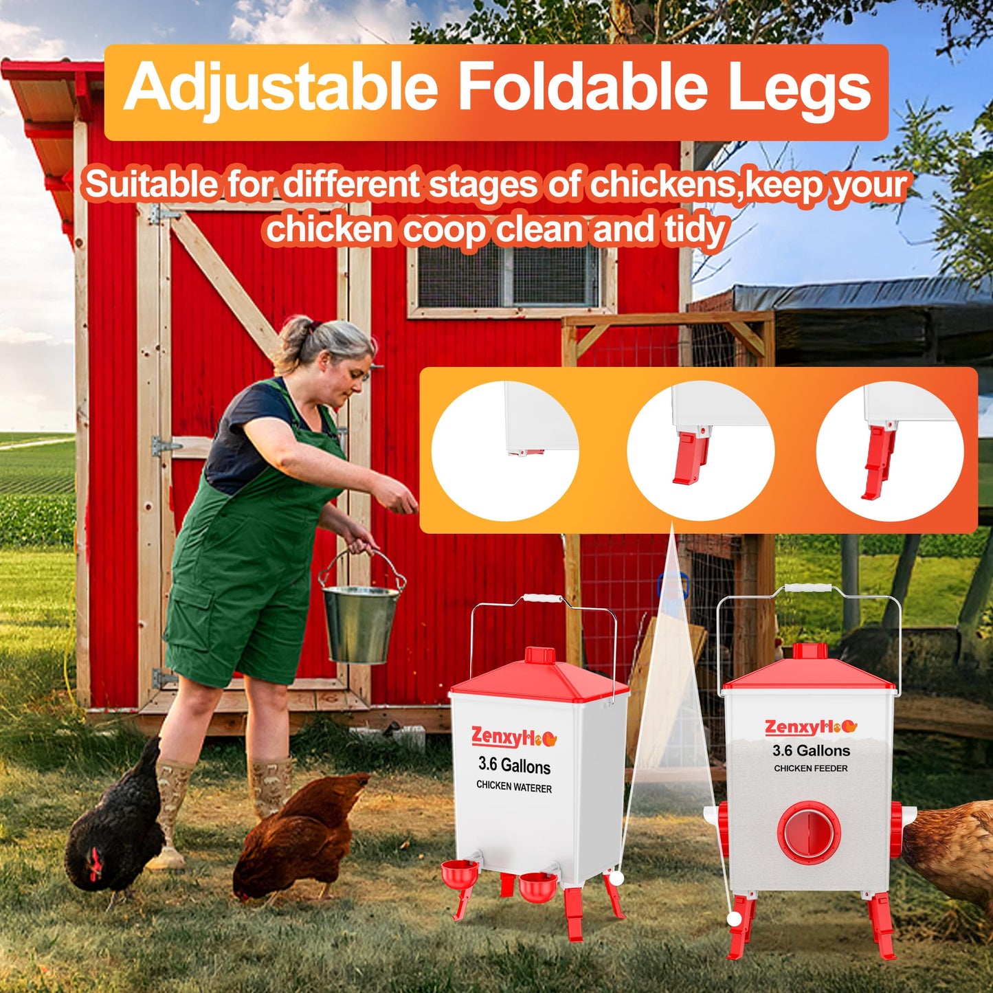 ZenxyHoC 2 * 3.6 Gallons Chicken Feeder Bucket with Handle, Anti Roost Cone and Adjustable Legs