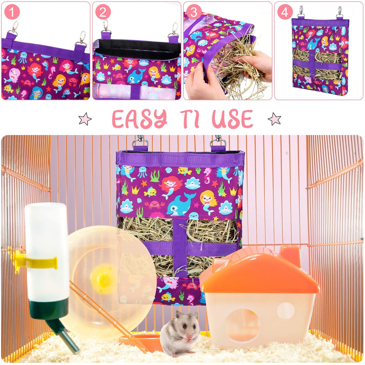 2 Pieces Guinea Pig Hay Bag Washable Pet Rabbit Hay Feeder Bag with 2 Holes Cute Small Animal Hanging Feeder Sack Storage for Rabbit Guinea Pig Chinchilla Hamster Small Pets (Mermaid, Unicorn)