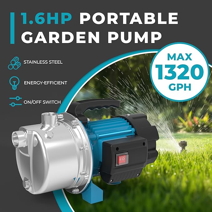 1.6HP Shallow Well Pump Portable, Garden Pump 1320GPH, Stainless Steel Water Transfer Pump 110V Max. Head 164ft, Sprinkler Booster Pump for Draining Irrigation Home Garden Lawn Draining