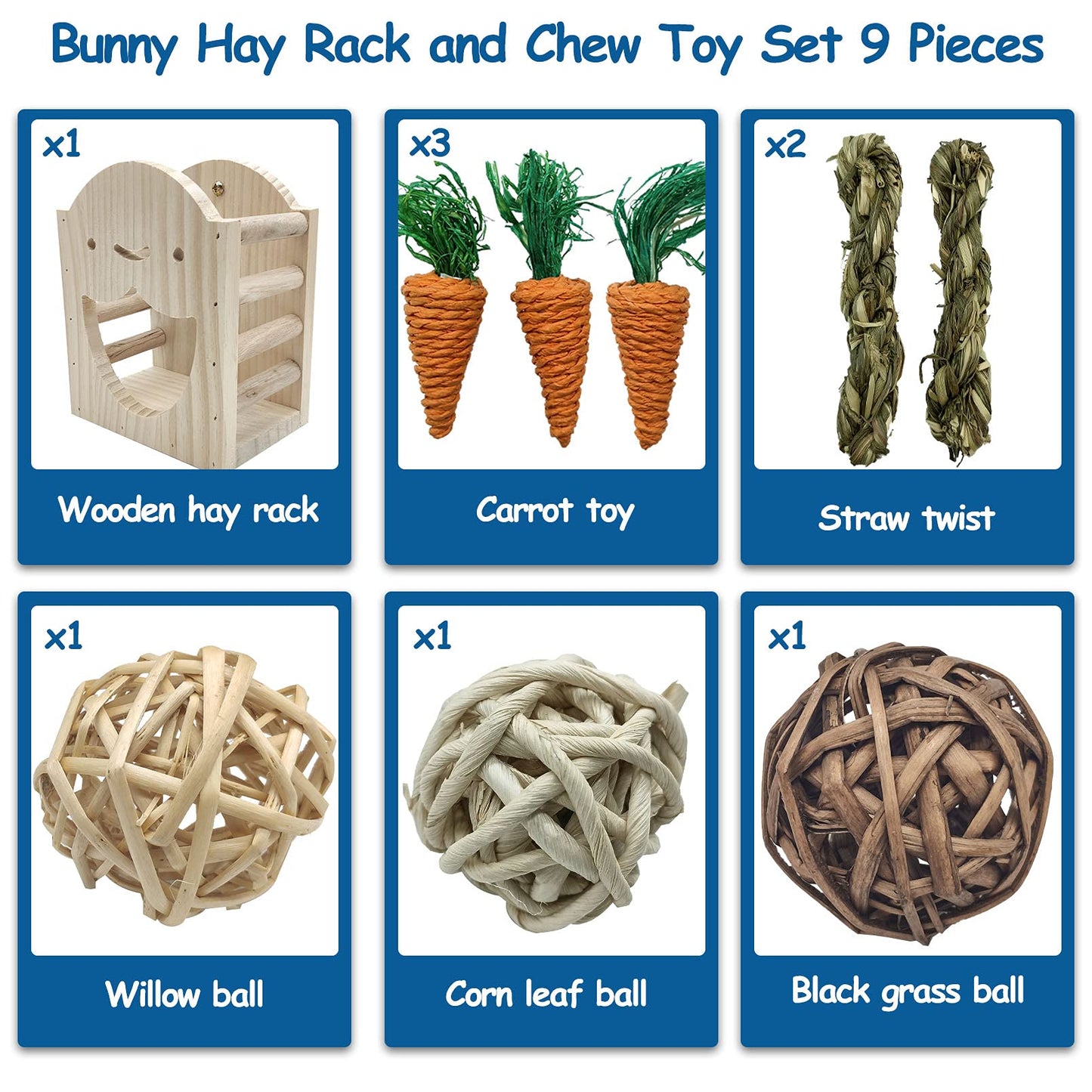 Hamiledyi Wood Rabbit Hay Feeder for Cage Bunny Hay Manger Rack Small Animals Feeding Holder Wooden Grass Dispenser with Chew Toys for Guinea Pig Chinchilla Hamster 9Pcs
