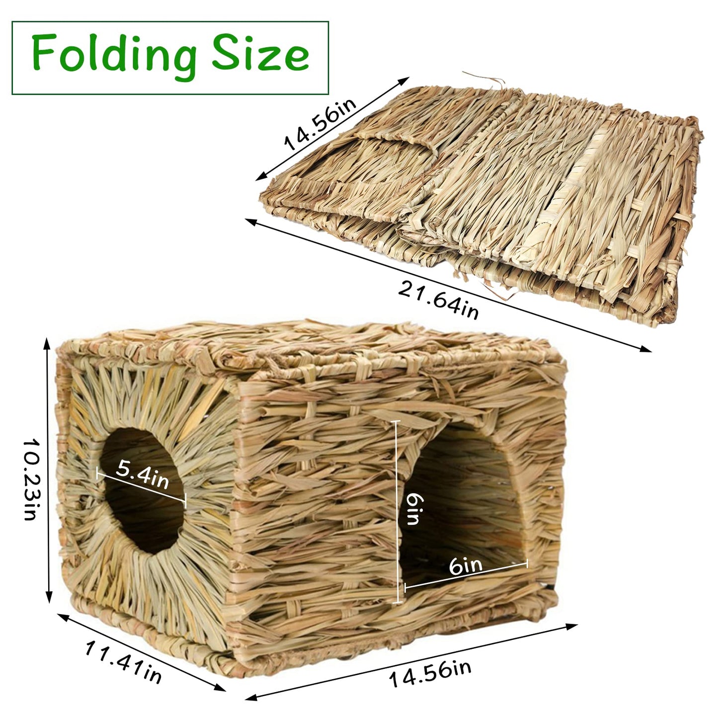 Hamiledyi 2PCS Large Grass House for Rabbit, Edible Bunny Hut Natural Grass Woven Foldable Pet Play Hideaway Hay Mat Chew Toys for Guinea Pig Hamster Chinchilla 14.5x11.4x10.2 inches