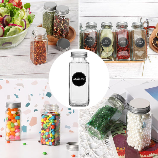 AuroTrends Spice Jars with Label 8oz 16Pcs, 8oz Glass Spice Jars with Shaker Lids 16Pack -Square Spice Containers with Waterproof Labels| Chalk Marker| Shaker Lids| Brush| Collapsible Funnel