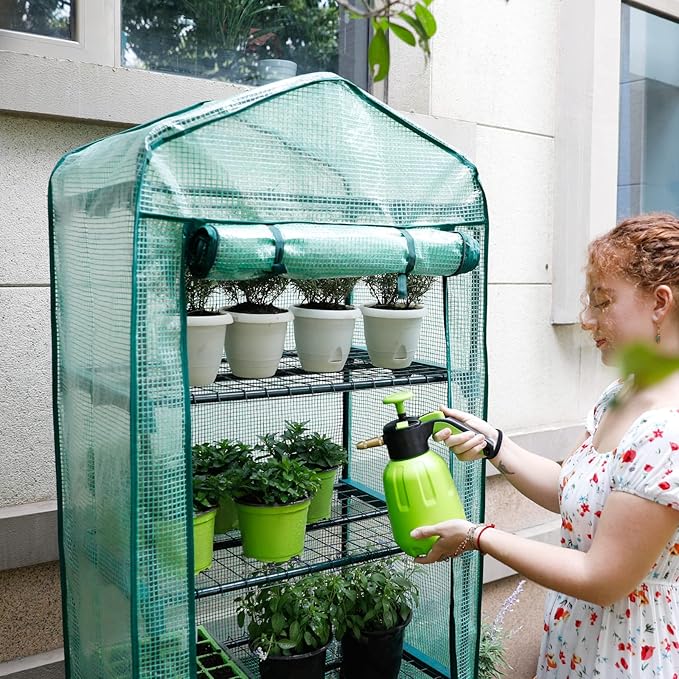 Worth Garden 4 Tier Mini Greenhouse w/ Upgraded Castors Wheels - Portable Small Gardening Green House with PE Cover - Heavy Duty Swivel Castors with Brakes - 64''H x 27''L x 19''W Indoor & Outdoor