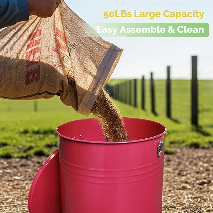 Solution4Patio 50LB No-Waste Chicken Feeder, Large Capacity Gravity Dispenser with Spill Control & 16 Feeding Ports Poultry Feeder for Outdoors & Hen Coop (Red)
