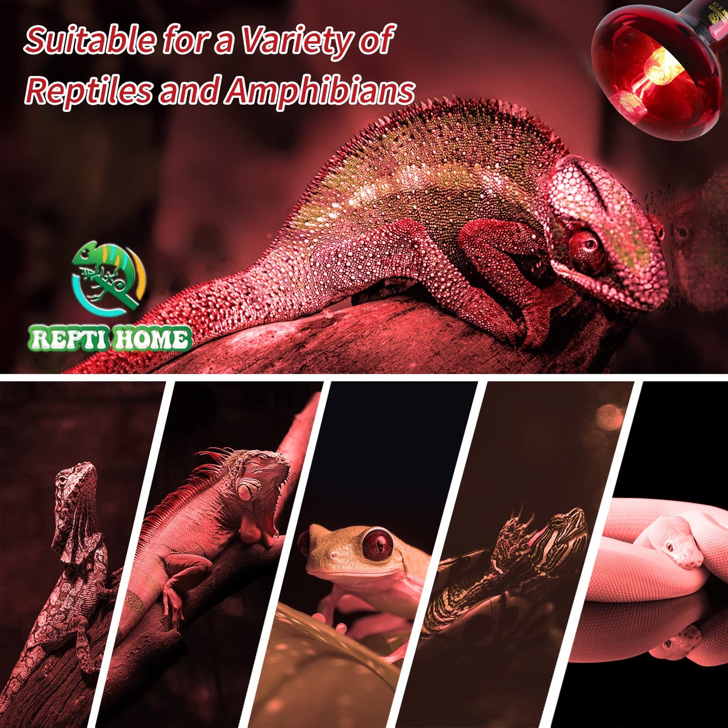 REPTI HOME Reptile Heat Lamp Bulbs,Infrared 100W Reptiles & Amphibians Basking Spot Lamp Bulb, 2 Packs Red Heat Emitter Light for Chickens Coop