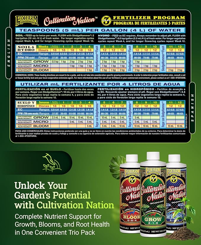 FoxFarm Cultivation Nation Trio – 1 Pint Each of Grow (2-1-6), Micro (5-0-1), Bloom (0-5-4) | Hydroponic Nutrients & Bloom Booster Fertilizer for Vegetables, Buds & Fruit Growth