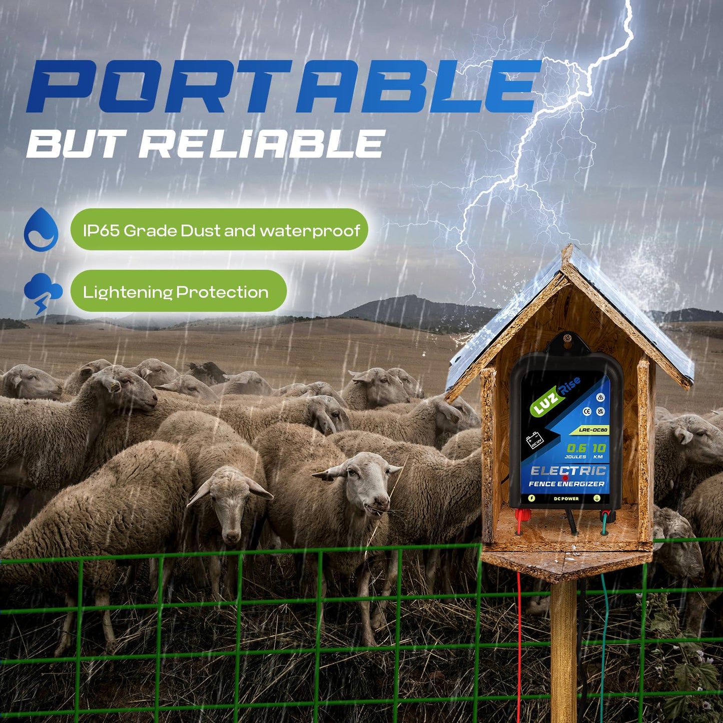 Luzrise Electric Fence Energizer DC Powered Electric Fence Charger 0.6J Output 10KM Range with IP65 Waterproof Function for Livestock, Farmland, Garden, Preventing Wild Animals Intruding (LRE-DC80)