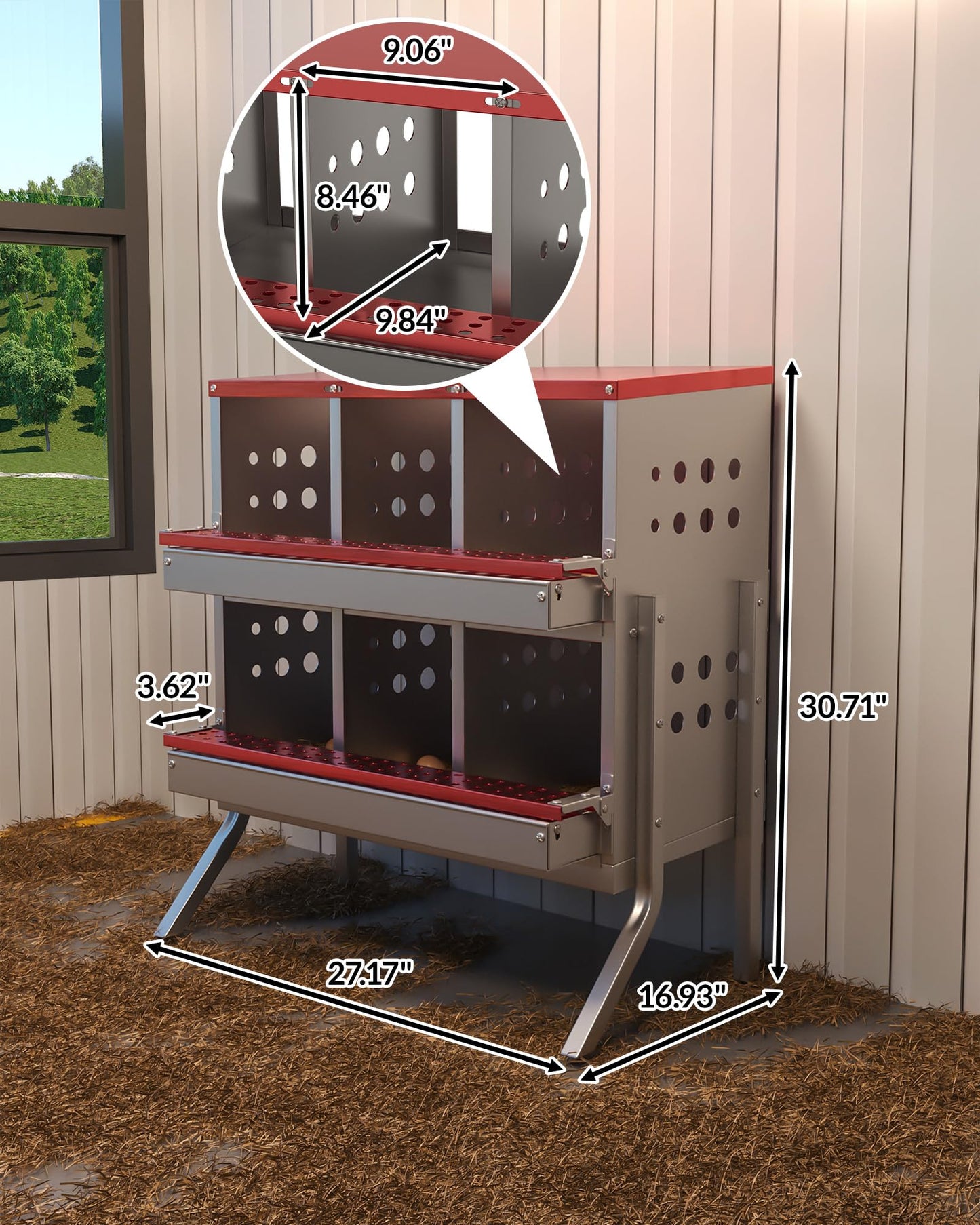 GarveeLife Metal Chicken Nesting Box for Laying Eggs, Rustproof Wall-mountable Roll Away Chicken Laying Boxes for Hens, Waterproof, Ventilated with Perch, 6 Compartments with Legs, Red