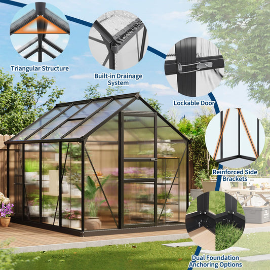 8×6FT Greenhouses for Outside,Greenhouse with Aluminum Frame-Outdoor Greenhouses for Backyard Garden Patio, Outside Garden Green House with Lockable Door&Adjustable Roof Vent, Smart Water Management