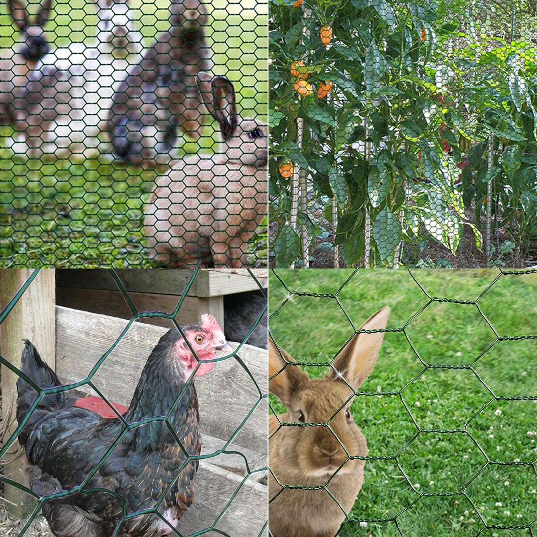 Garden Poultry Green Chicken Wire PVC Coated Hexagonal Wire Mesh Roll Animal Fence 3m x 400mm Garden Netting Fencing for Pet Rabbit Chicken with Gloves & 50Pcs Cable Ties