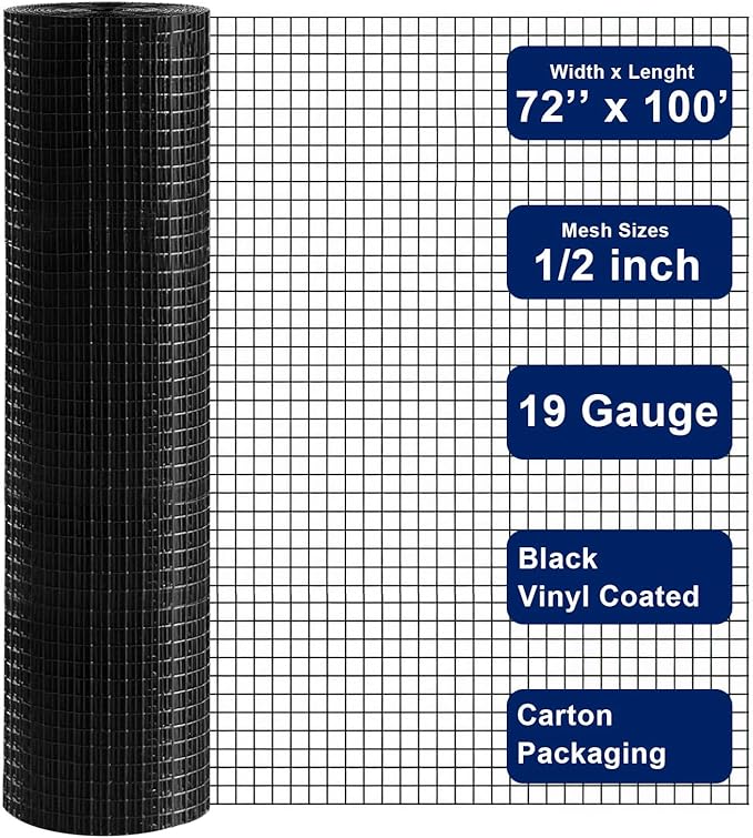 Black Hardware Cloth 1/2 in. x 6 ft. x 100 ft. 19-Gauge, Vinyl Coated Chicken Wire Mesh Roll, Welded Wire Fencing, Garden Fencing, Wire Fence Roll