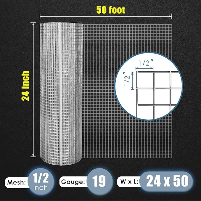 GoldPeak Hardware Cloth 1/2 inch 24in. x 50ft. 19 Gauge, Hot-dip Galvanized After Welding, Chicken Wire Fencing Snake Fencing Welded Wire Fence Roll Wire Mesh Fencing