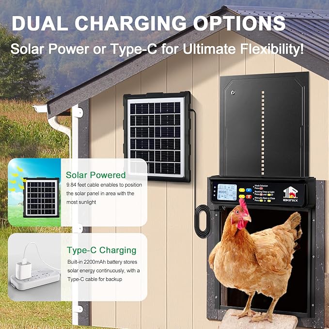 Automatic Chicken Coop Door Solar Powered with Timer, Light Sensor, Remote Control, LCD Display, Aluminum Alloy 4 Auto Modes Wide Solar Chicken Coop Door, Anti-Pinch, Weatherproof, USB Backup, Black