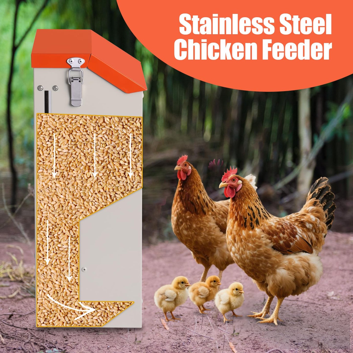 MUDUOBAN Chicken Feeder Wall Mount - Galvanized Metal Hanging Poultry Feeder No Waste - Chicken Coop Feed Dispenser for Oyster Shell & Grit