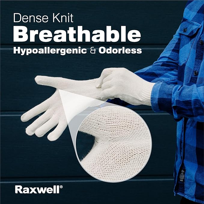Raxwell White Cotton Gloves, 300 Pairs Bulk Case – Durable Knit Work Liners for BBQ, Painting, Gardening, Industrial, Mechanical Use, Large Size, Breathable, Comfortable