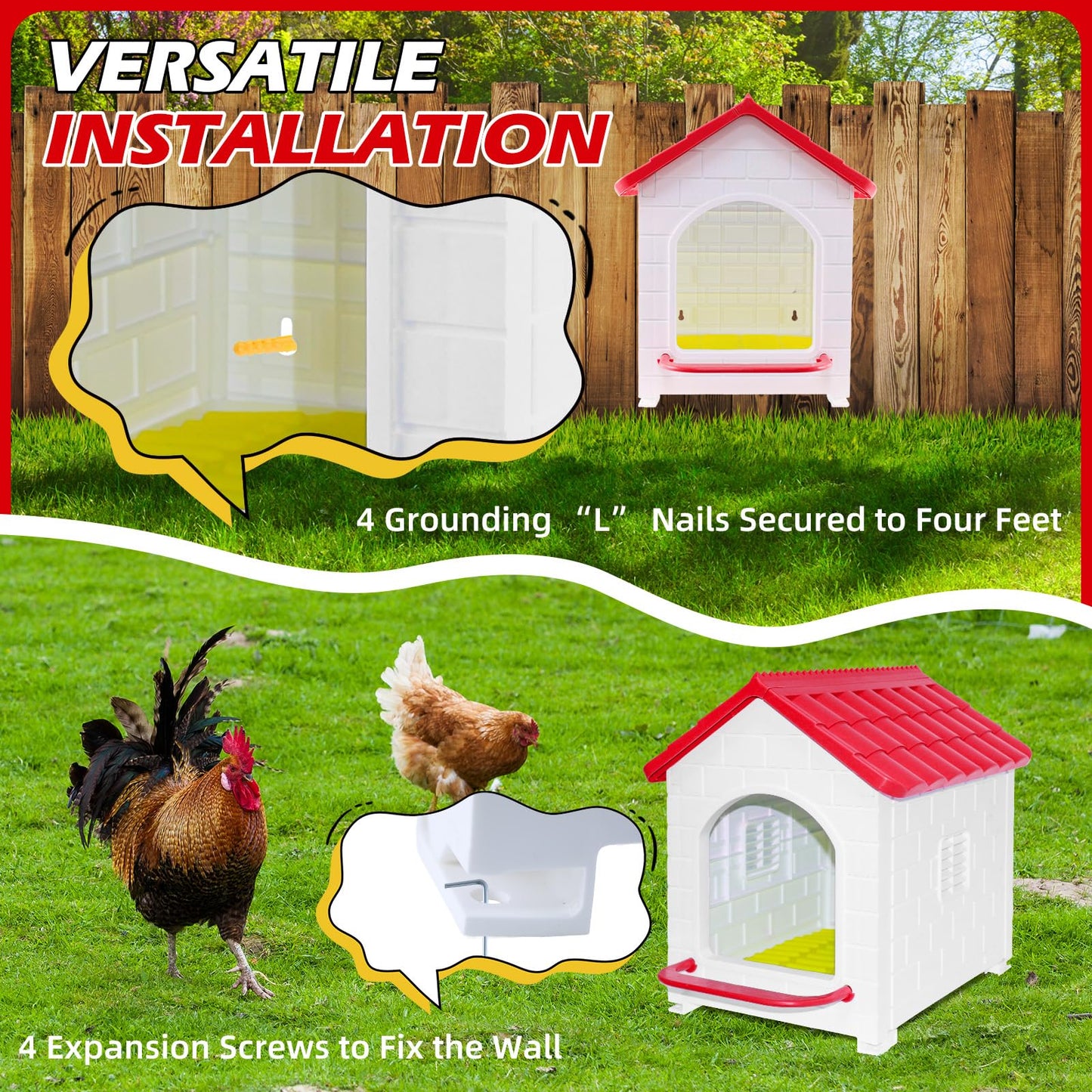 Single Compartment Chicken Nesting Box, Waterproof Plastic Chicken coop, Wall Floor DIY Nest Box for Hens, Ducks, Rabbits and Other Poultry,Red
