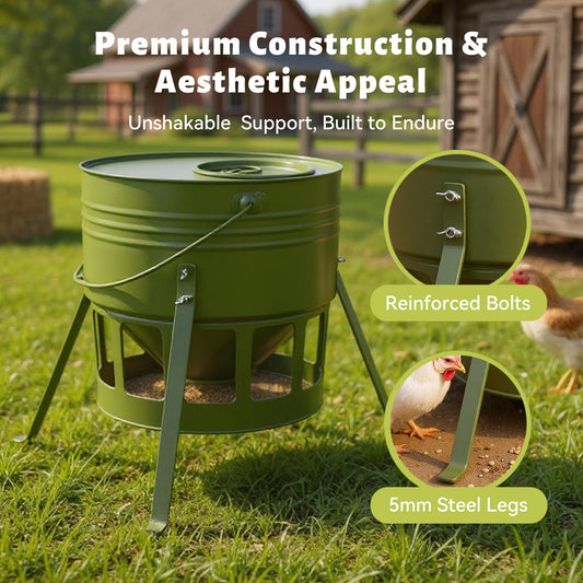 Metal Chicken Feeder - 20lbs Ground Poultry Feeder with 12 Ports, Powder Coated Rust-Proof Design & Smooth Edges for Safe Feeding (Avocado Green, 20lbs)